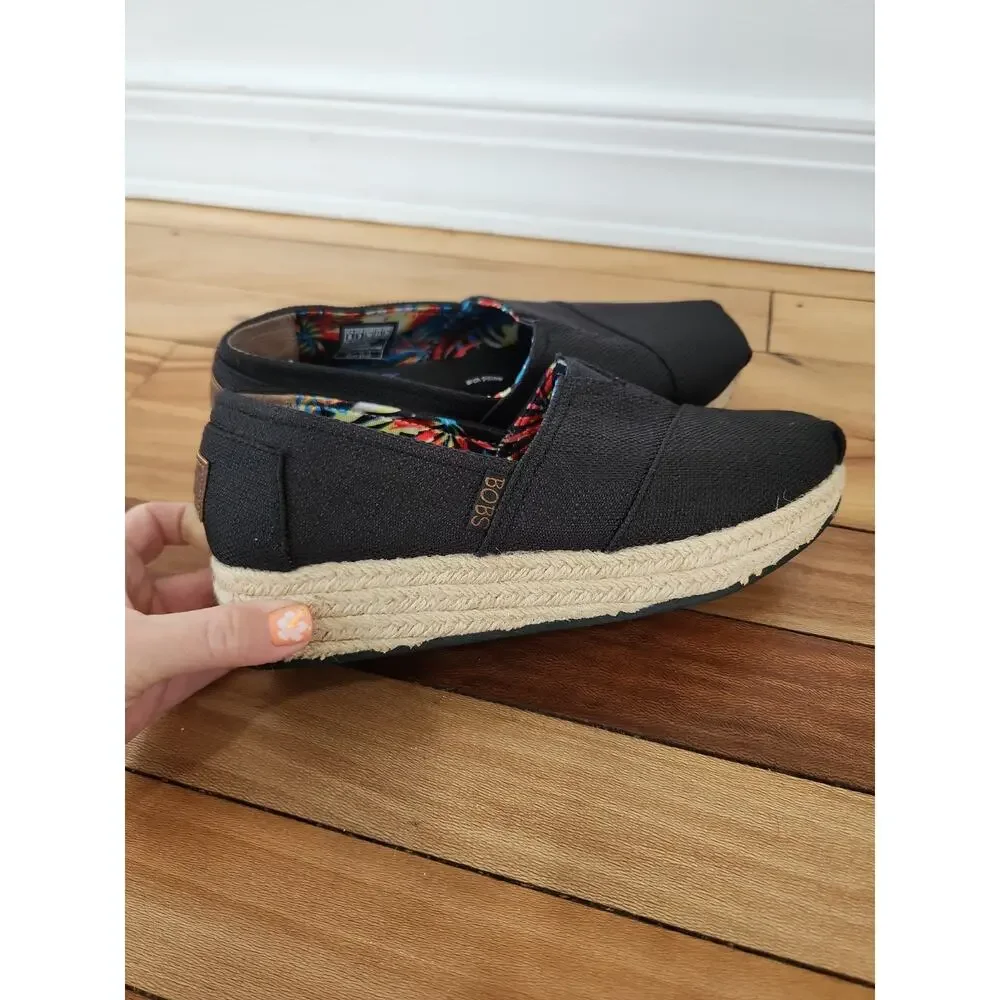BOBS Skechers Womens 6 Espadrille Slip-On Black Linen Comfort Shoes Memory Foam